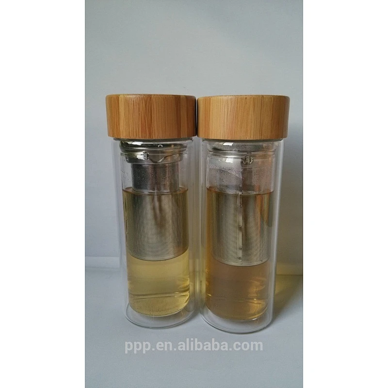 500ml Double layer crystal water bottle with bamboo lid/glass vacuum mug cup/non-toxic material glass tumbler