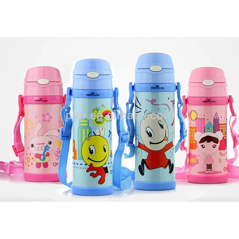 500ml double wall stainless steel logo customized kid's bottle with wrist straw and handle/cute design/100% leakproof