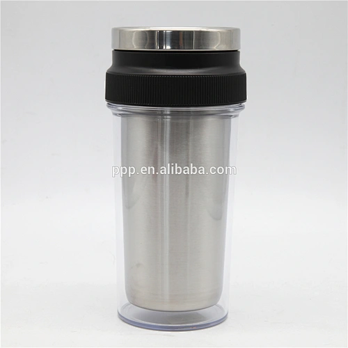 BPA free double wall inner stainless steel outer clear plastic auto mug without handle