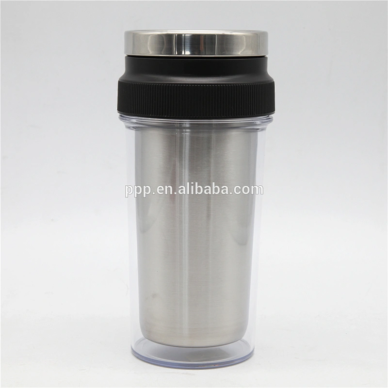 BPA free double wall inner stainless steel outer clear plastic auto mug without handle