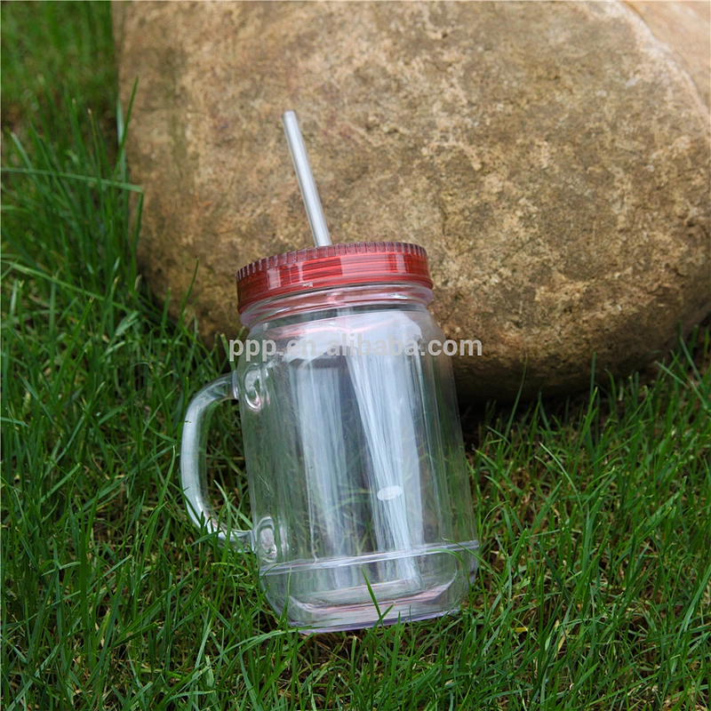 500ml double wall plastic BPA free logo customized water bottle with handle and straw/water tumbler with claer body