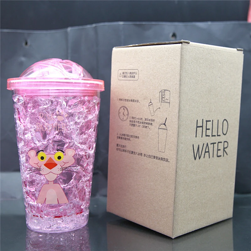 500ml Hot sell pink color ice cube tumbler cute leopard cartoon ice fruit juice bottle