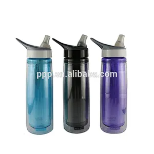 Double wall plastic water bottle with handle and straw