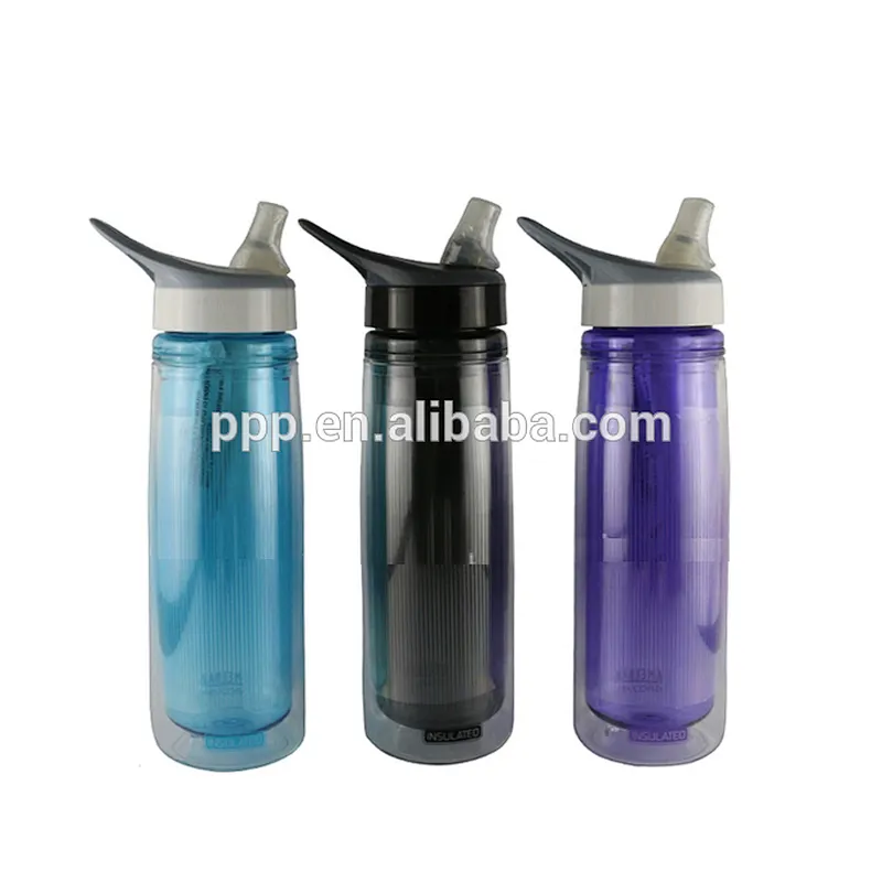 Double wall plastic water bottle with handle and straw