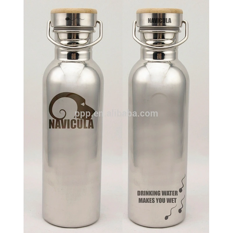 single wall stainless steel logo customized sports water bottle with bamboo lid/wide mouth and large capacity