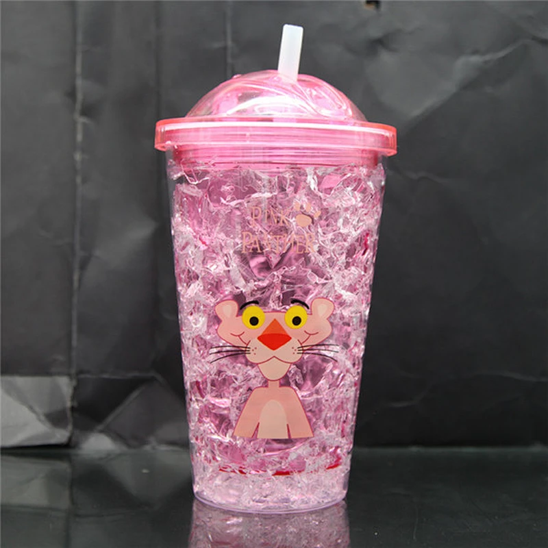 500ml Hot sell pink color ice cube tumbler cute leopard cartoon ice fruit juice bottle