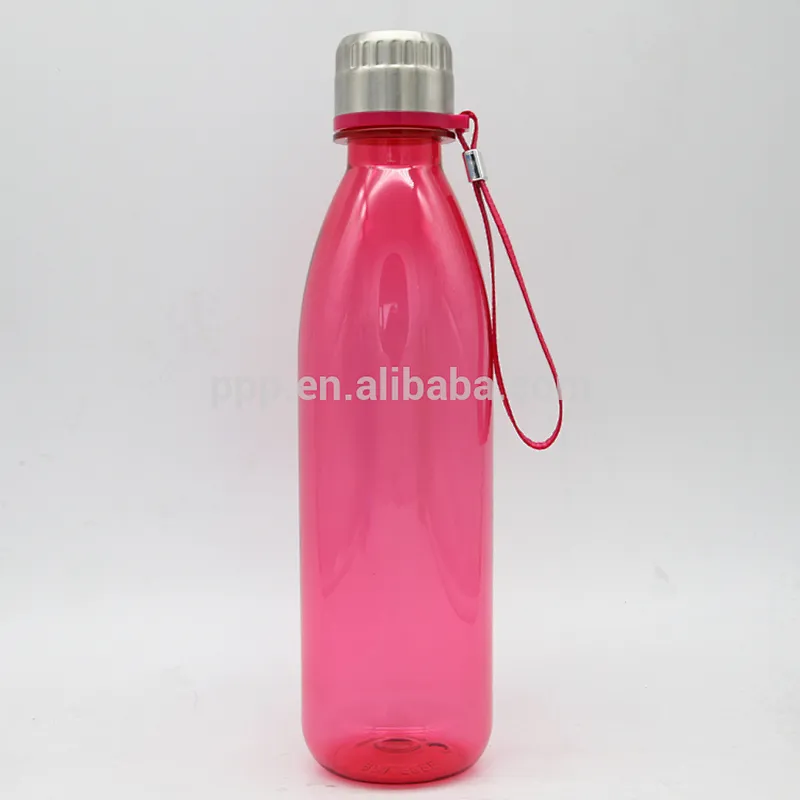 factory wholesale single wall plastic cola shaped sports water bottle with stainless steel lid/portable with handle
