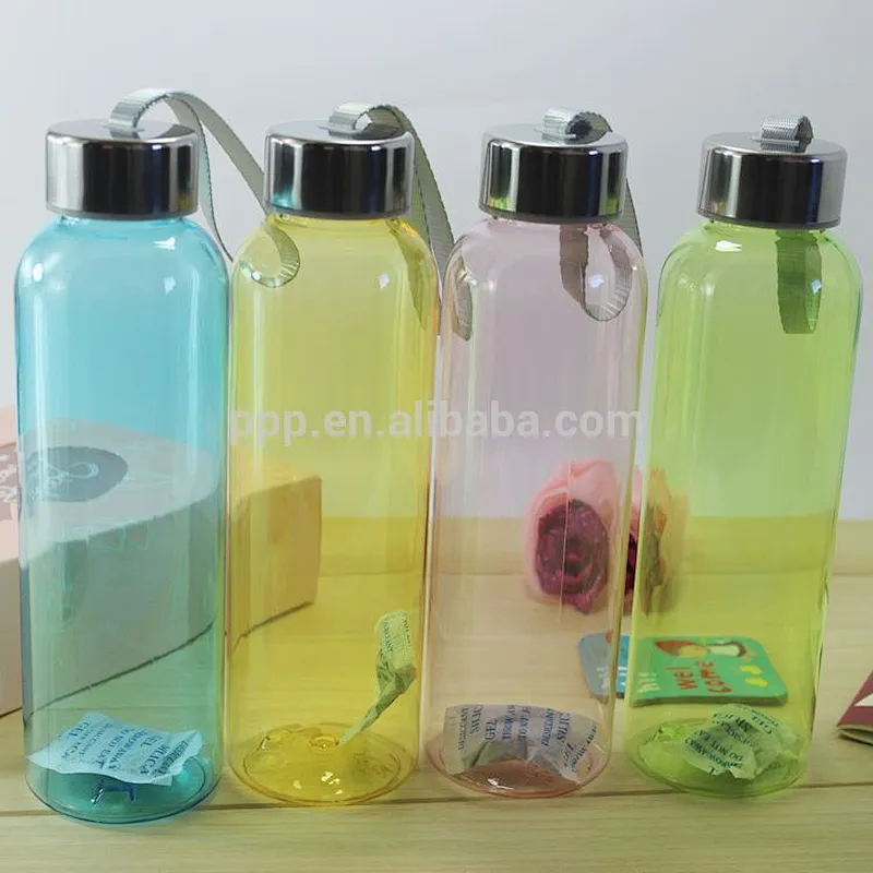 600ml eco-friendly BPA free single wall colored logo customized plastic bottle with stainless steel cap and fixed handle