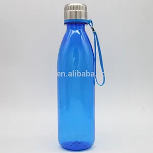 factory wholesale single wall plastic cola shaped sports water bottle with stainless steel lid/portable with handle
