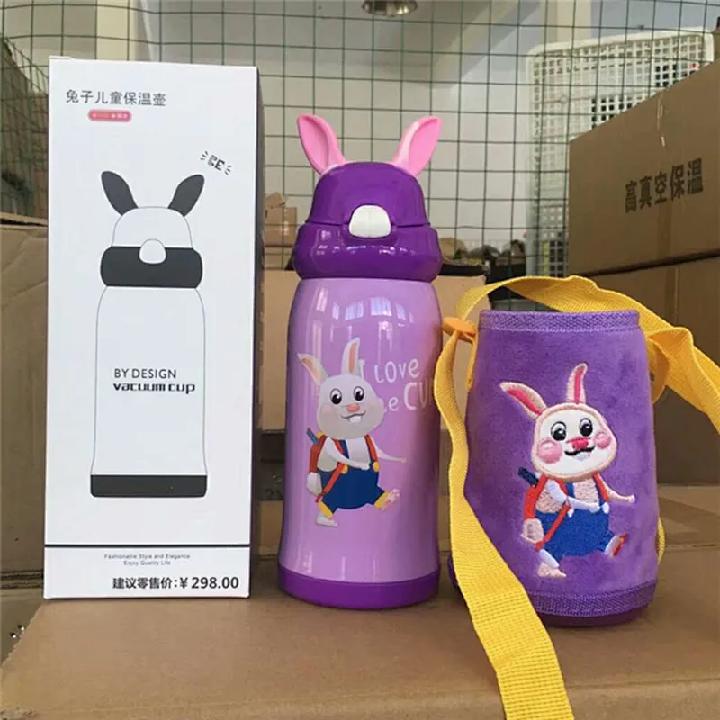 High Qulaity New Design Rabbit Cartoon SUS316 Double wall stainless steel Vacuum insulated children water bottle silicone straw