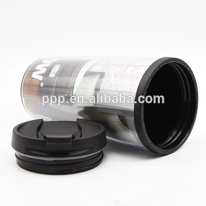 Fashion 450ml Standard Double Wall PP New Material Promotional AD Insulated Auto Mug With Inserted Drawing Paper Anti Proof Lid