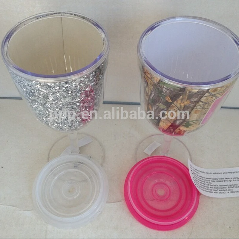 BPA free double wall plastic wine mug elegant goblet cup with lid and straw