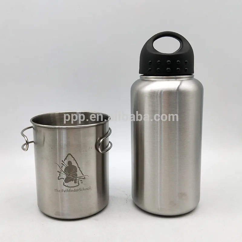 wholesale single wall stainless steel 1000ml sports water bottle with wide mouth and 700ml multifunctional cup/economic set