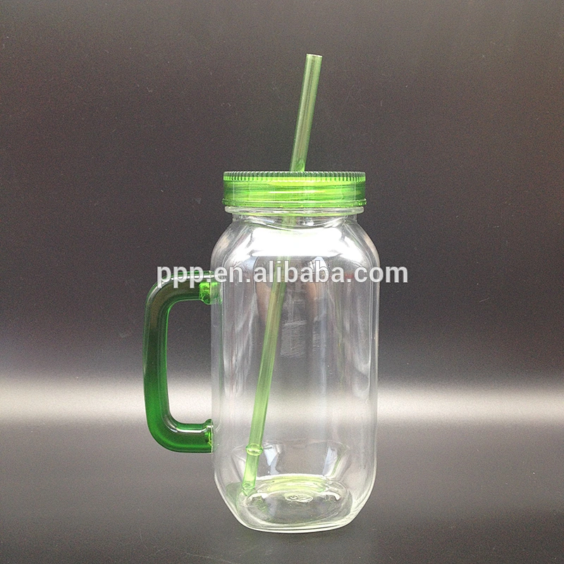 BPA free single wall plastic mason jar with handle and lid straw