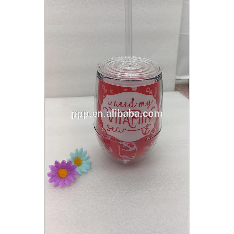 Double wall plastic BPA free egg shape water tumbler with clear plastic lid
