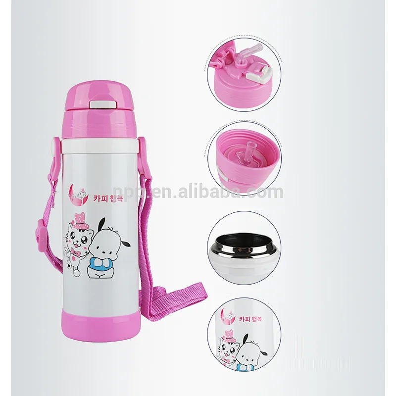 500ml double wall stainless steel logo customized kid's bottle with wrist straw and handle/cute design/100% leakproof