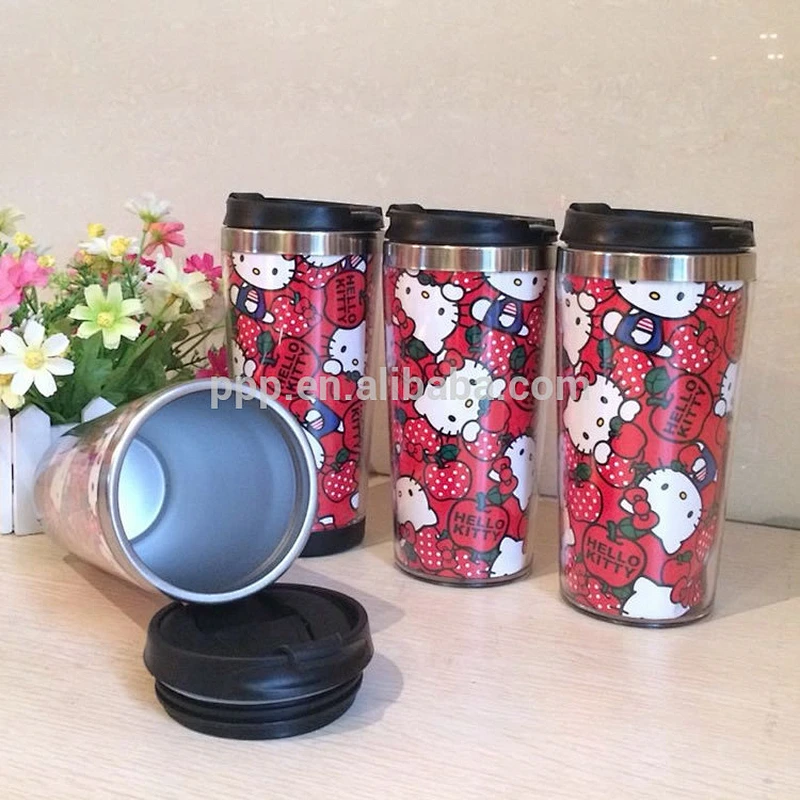 eco-friendly inner stainless steel outer plastic 100% leakproof auto mugs with detachable bottom and flip top lid/cute design