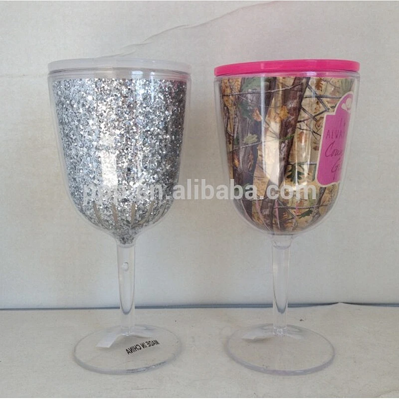 BPA free double wall plastic wine mug elegant goblet cup with lid and straw