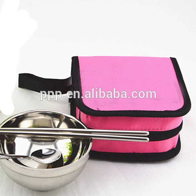 Outdoor Camping Portable Stainless Steel Cloth Bag Tableware Set 1 Spoon and 2 pairs Chopsticks With One Rice Bowl