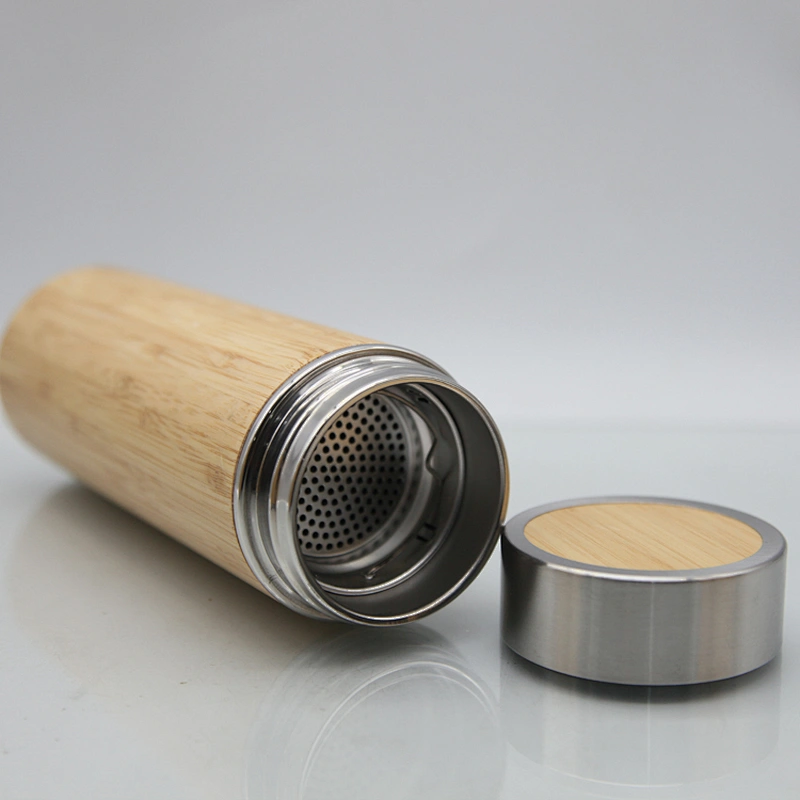 350ml/450ml/500ml inner stainless steel outer bamboo wood shell vacuum insulated water  bottle plastic and stainless steel base