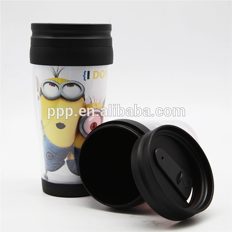 450ml Promotion Drawing Brochure ADs Auto Plastic Double Wall Water Bottle Insulated Coffee Cup With Slide Lid Cheap Price