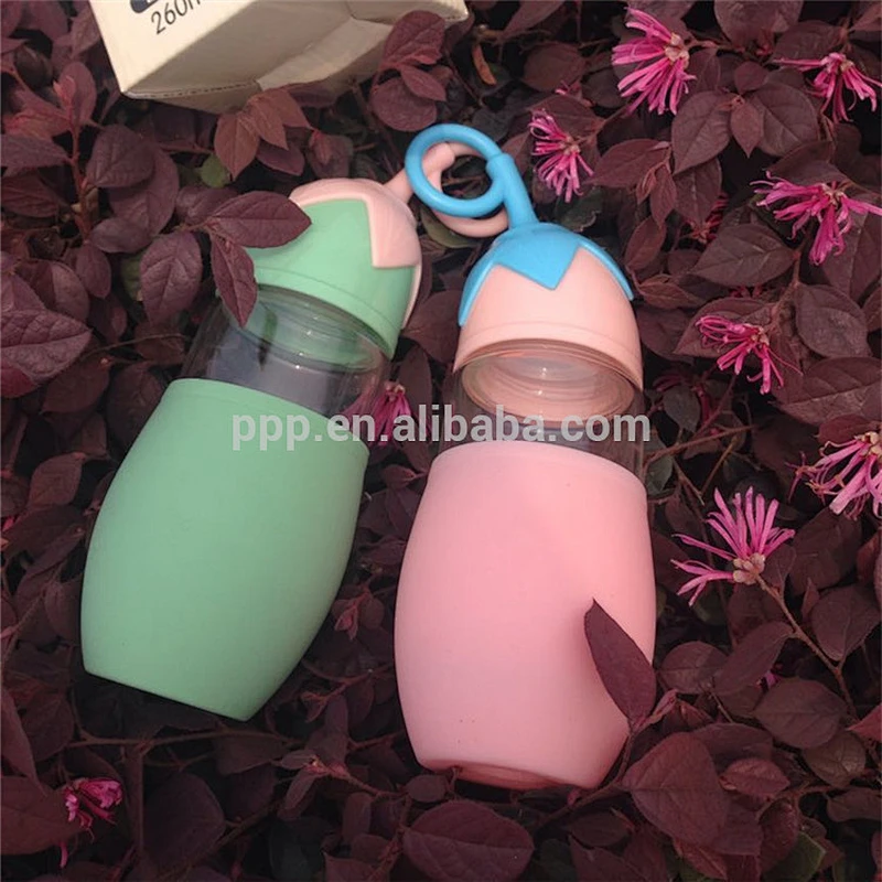 2017 hot sale 260ml creative single wall glass logo customized sports bottle/portable with fixed handle and silicon band