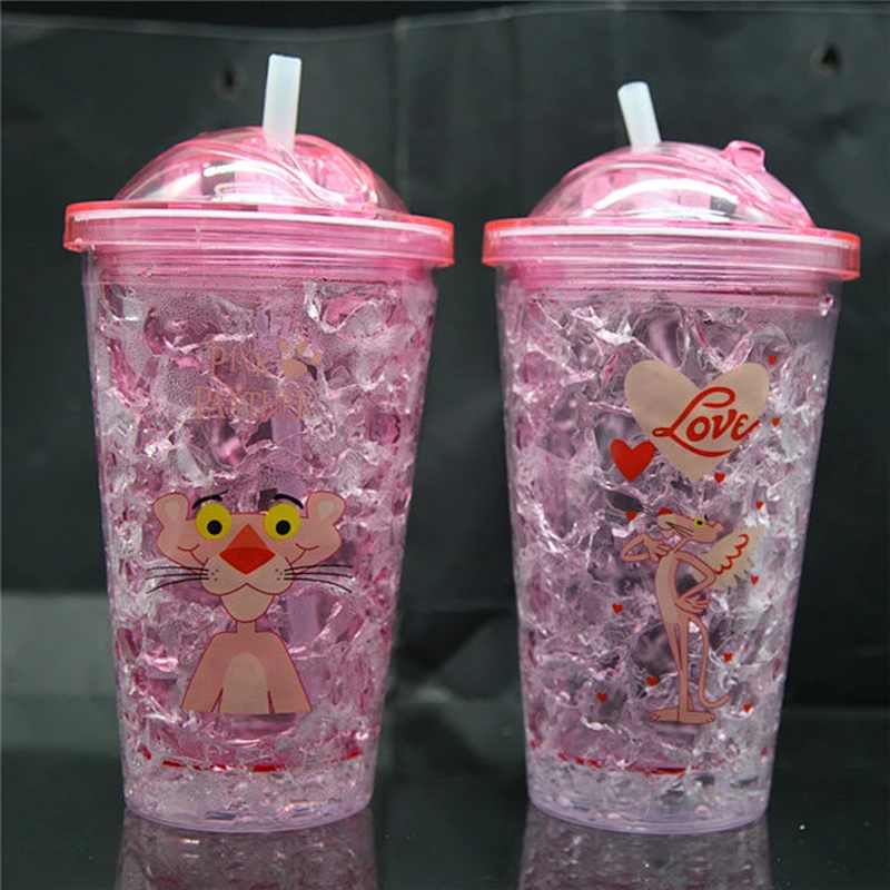 500ml Hot sell pink color ice cube tumbler cute leopard cartoon ice fruit juice bottle
