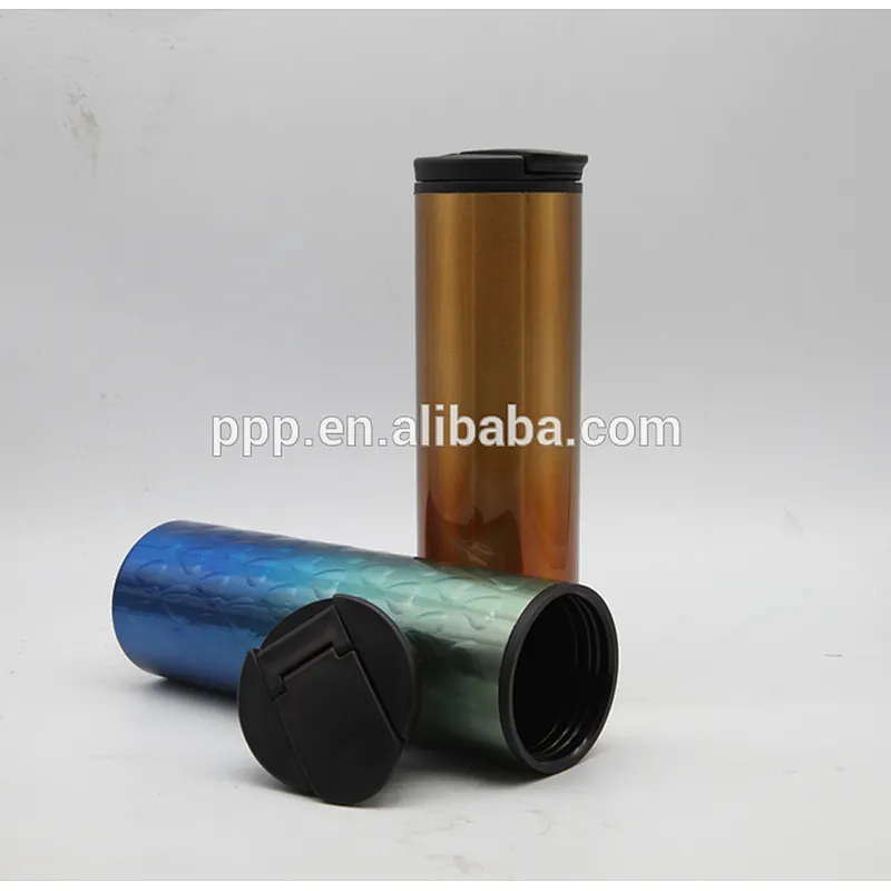 Double wall outer stainless steel inner plastic water bottle with flip top