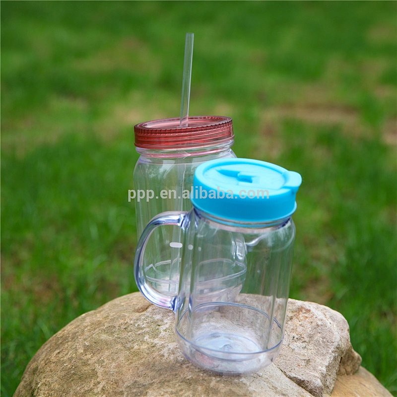 500ml double wall plastic BPA free logo customized water bottle with handle and straw/water tumbler with claer body