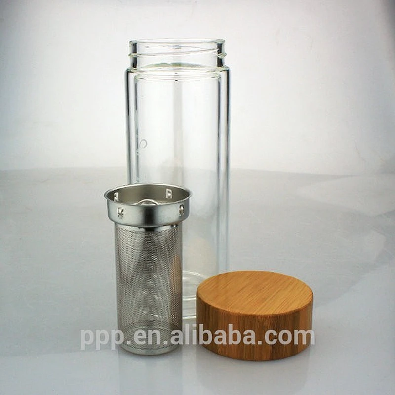 500ml Double layer crystal water bottle with bamboo lid/glass vacuum mug cup/non-toxic material glass tumbler