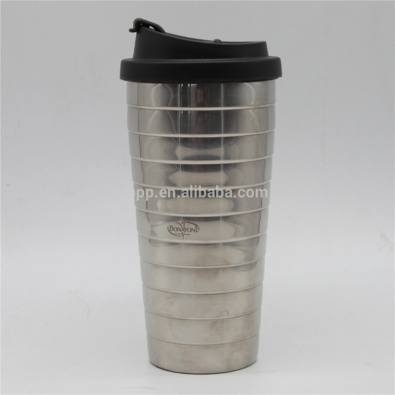 factory wholesale 450ml inner plastic outer stainless steel auto mug with wide mouth/travel mug with flip top lid