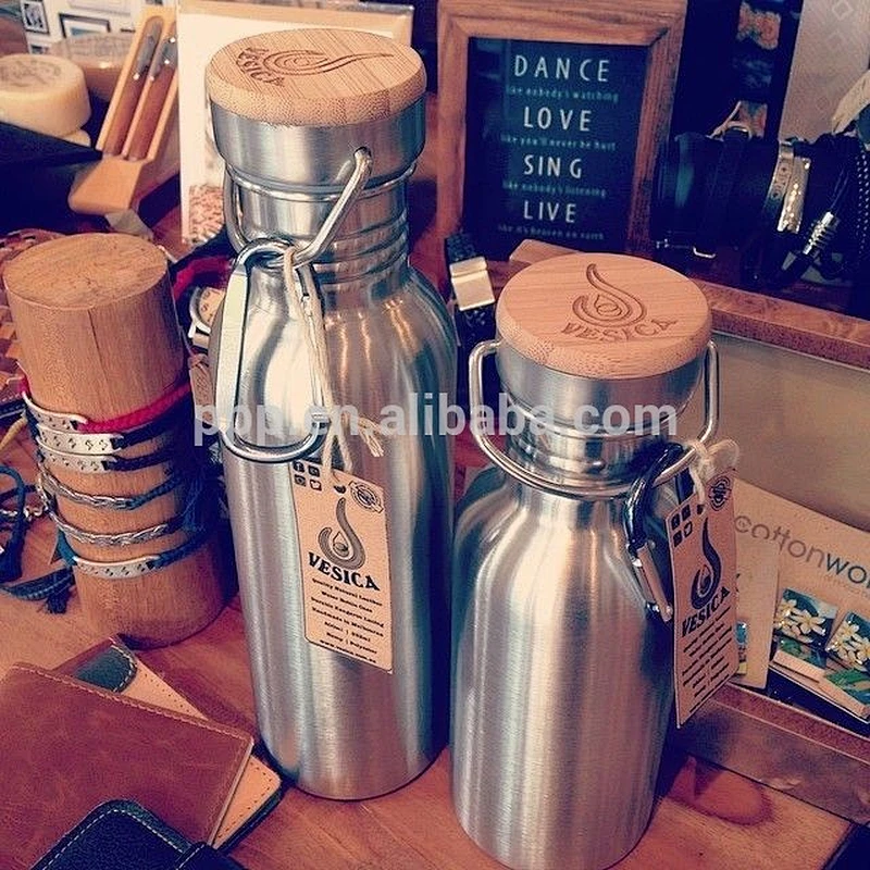 single wall stainless steel logo customized sports water bottle with bamboo lid/wide mouth and large capacity