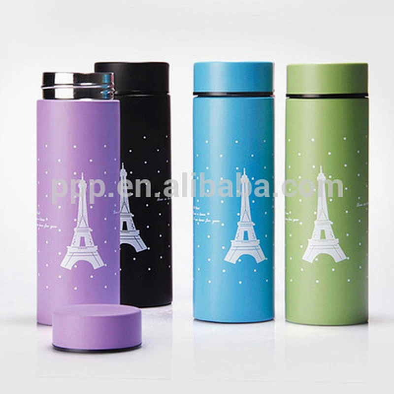 260ml factory direct wholesale double wall Stianlss steel colored water bottle with cute aiffel tower design and straight body