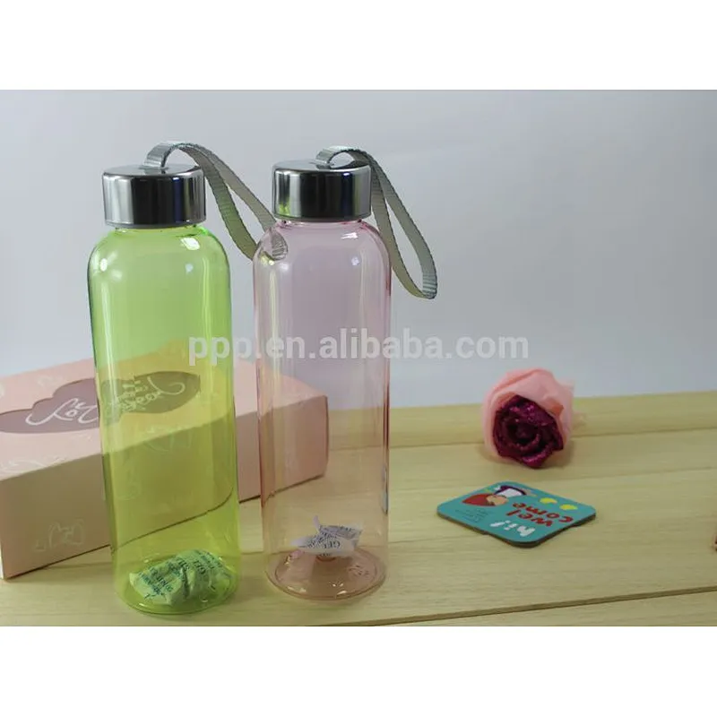 600ml eco-friendly BPA free single wall colored logo customized plastic bottle with stainless steel cap and fixed handle