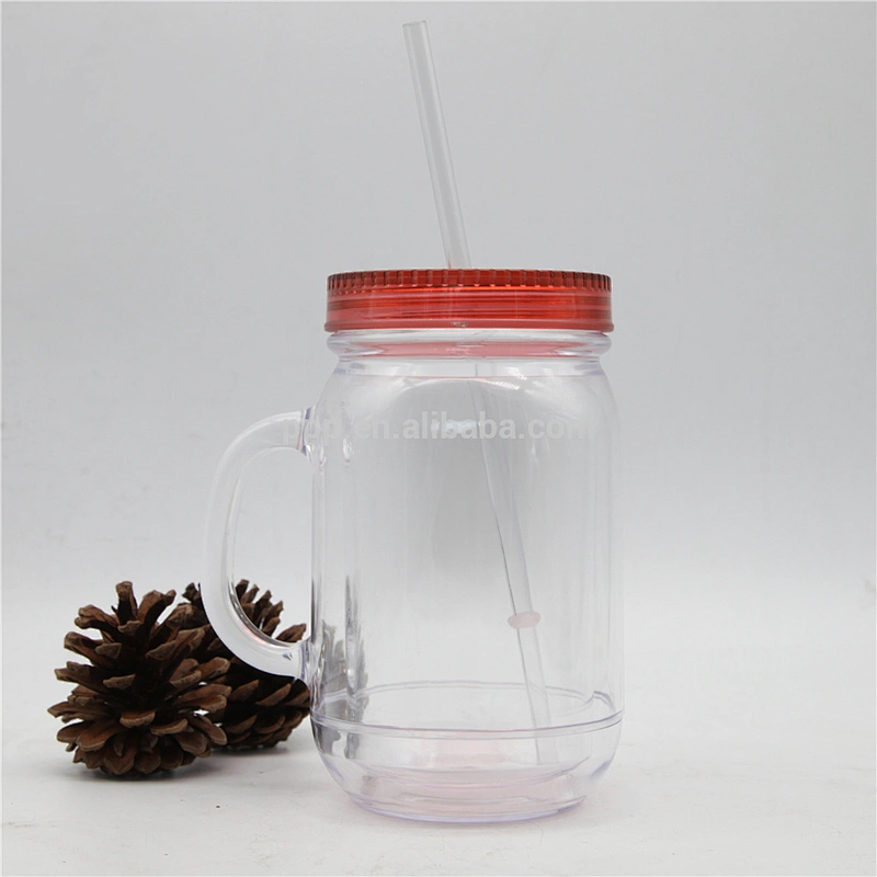 500ml double wall plastic BPA free logo customized water bottle with handle and straw/water tumbler with claer body