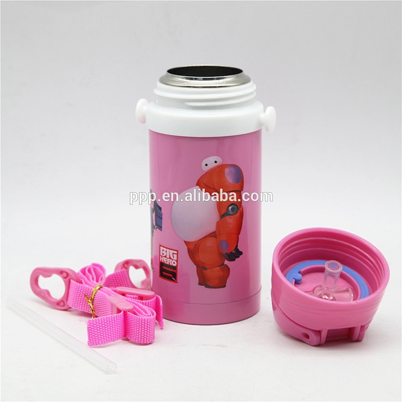 Pink heat transfer double wall stainless steel vacuum water bottle with strap and straw for girl