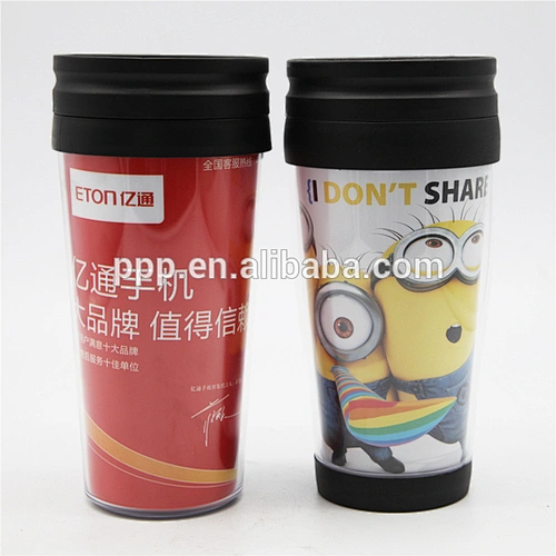450ml Promotion Drawing Brochure ADs Auto Plastic Double Wall Water Bottle Insulated Coffee Cup With Slide Lid Cheap Price