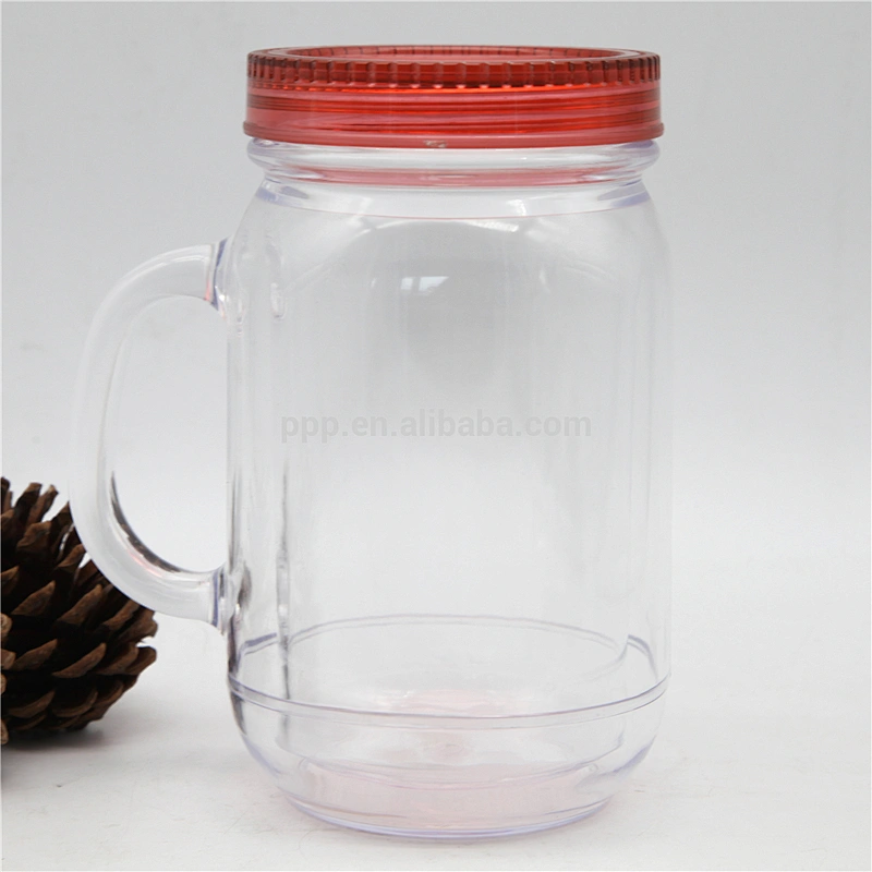 500ml double wall plastic BPA free logo customized water bottle with handle and straw/water tumbler with claer body