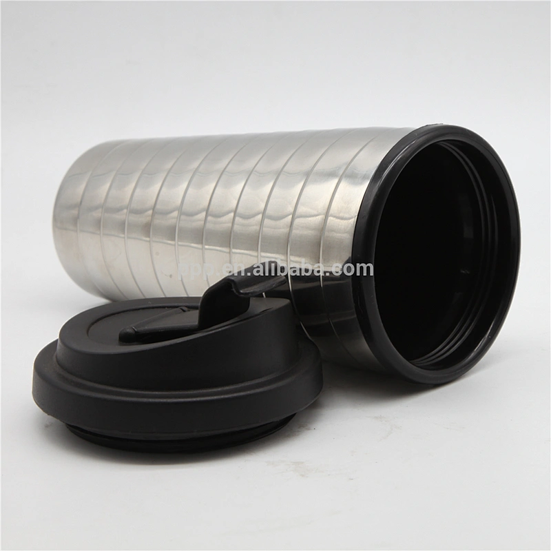 factory wholesale 450ml inner plastic outer stainless steel auto mug with wide mouth/travel mug with flip top lid