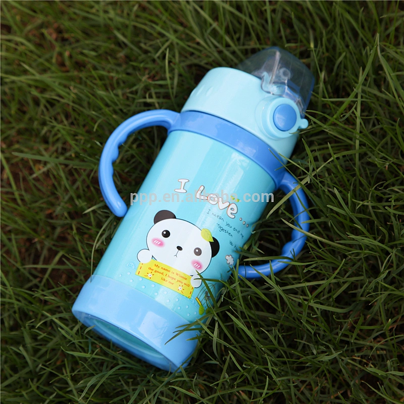 350ml double wall stainless steel logo customized kid's tumbler with wrist straw and handle/push type switch/100% leakproof
