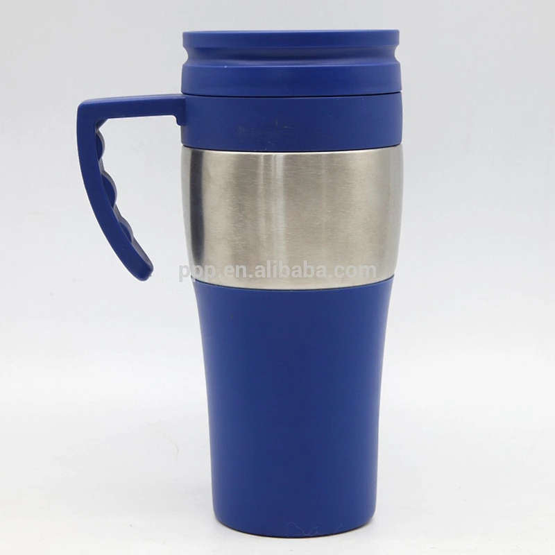 inner plastic outer stainless steel logo customized auto mug with fixed handle