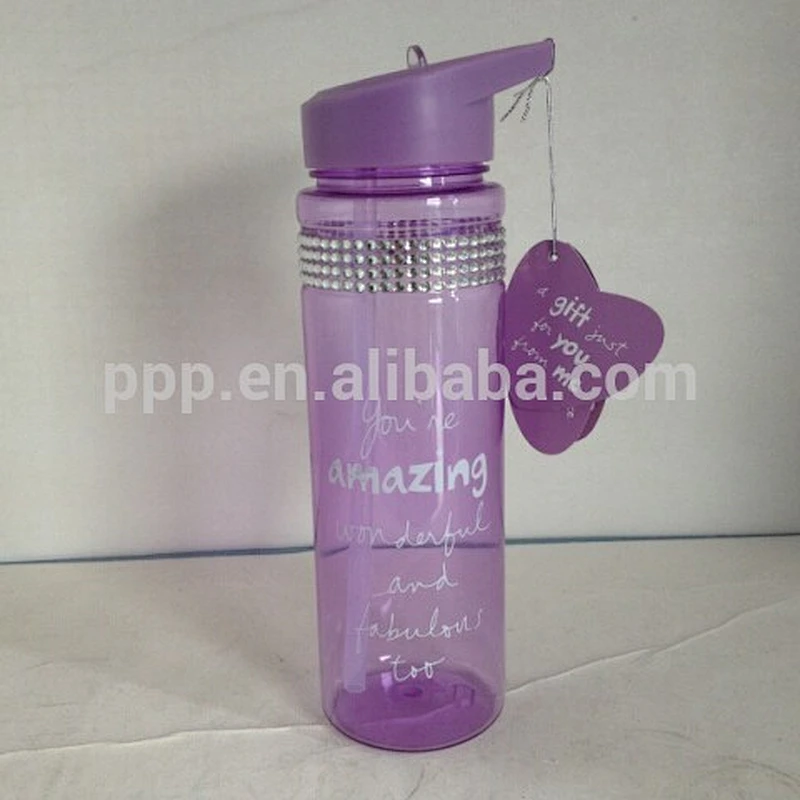 OEM BPA free Hot selling romantic purple 25oz plastic tritan bottle with straw with diamonds