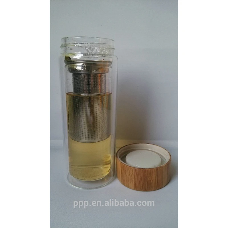 500ml Double layer crystal water bottle with bamboo lid/glass vacuum mug cup/non-toxic material glass tumbler