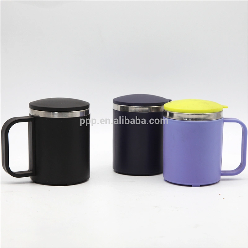 14 oz inner stainless steel outer plastic logo customized travel mug with handle/coffeee mug/color optional
