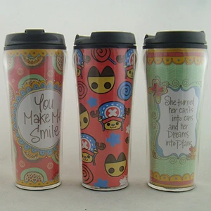 double wall plastic travel mug with paper inserted/cute coffee mug with flip top lid/logo customized