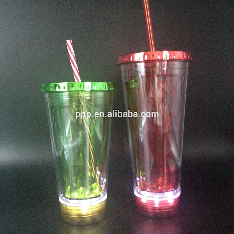 16oz LED Double Wall plastic tumbler with straw, light on the bottom
