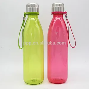 factory wholesale single wall plastic cola shaped sports water bottle with stainless steel lid/portable with handle