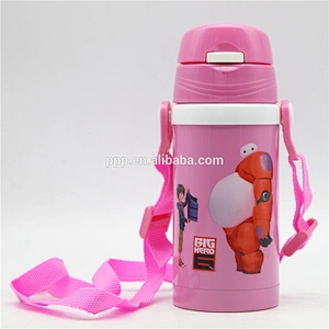 Pink heat transfer double wall stainless steel vacuum water bottle with strap and straw for girl