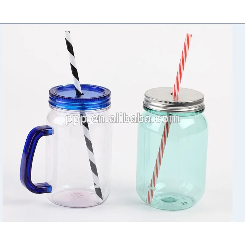 BPA free single wall plastic mason jar with handle and lid straw