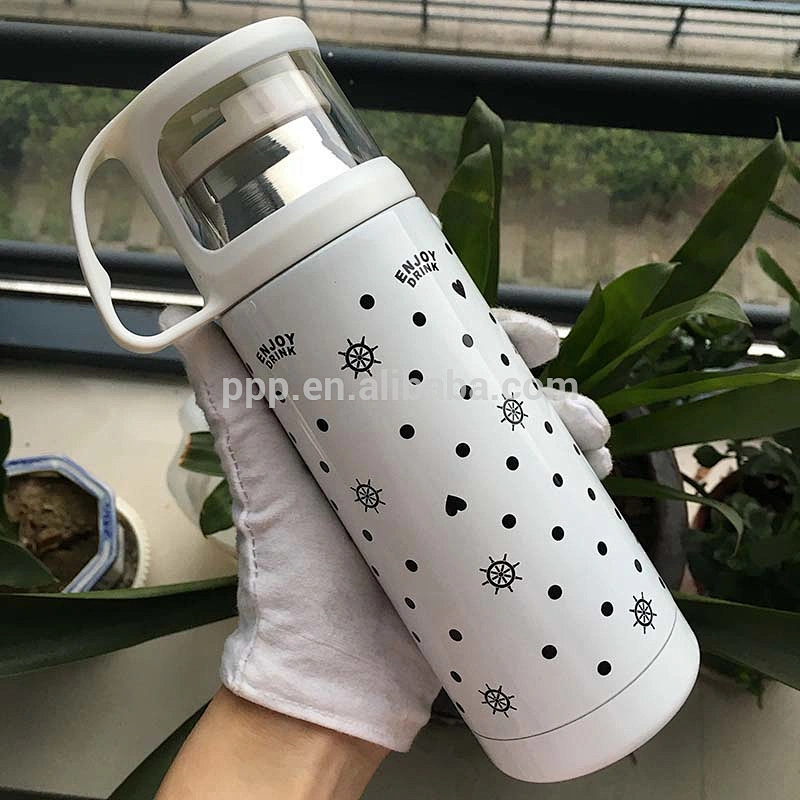 350ml creative double wall bullet stainless steel vacuum flask with transparent handle cup